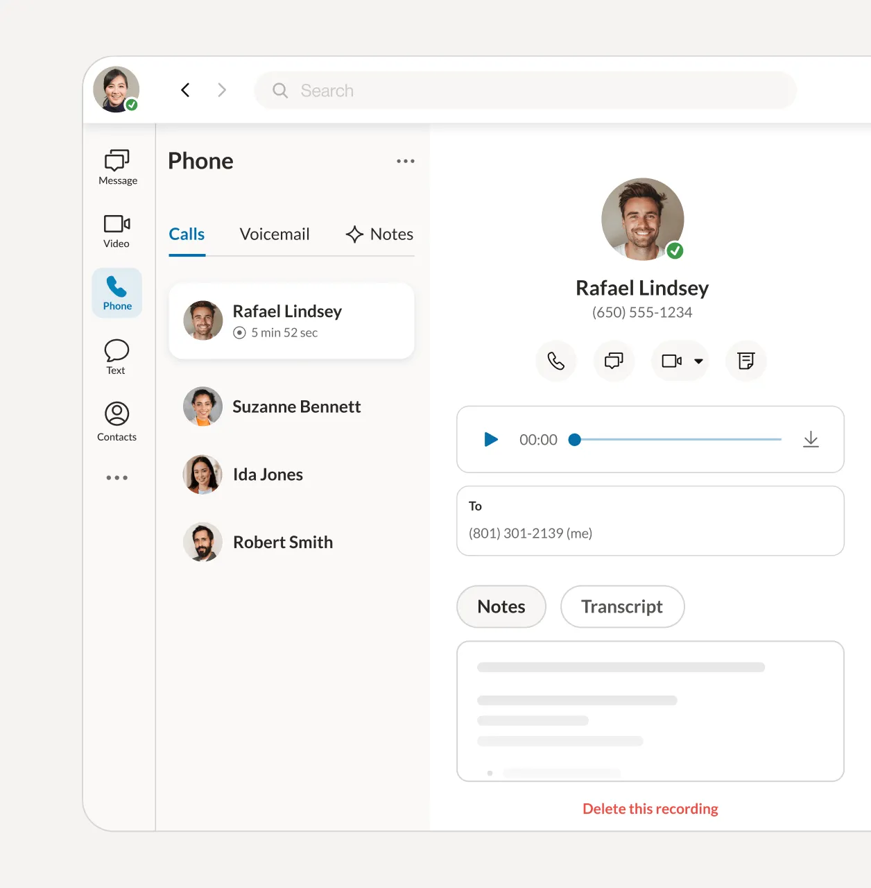 Screenshot of RingCentral phone interface showing a call with Rafael Lindsey, featuring call duration, notes, and transcript options.