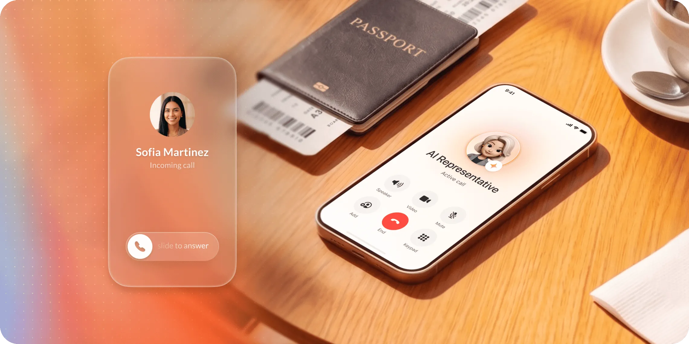 Mobile phone on a table receiving an incoming call from AI Representative, showcasing RingCentral's communication features.