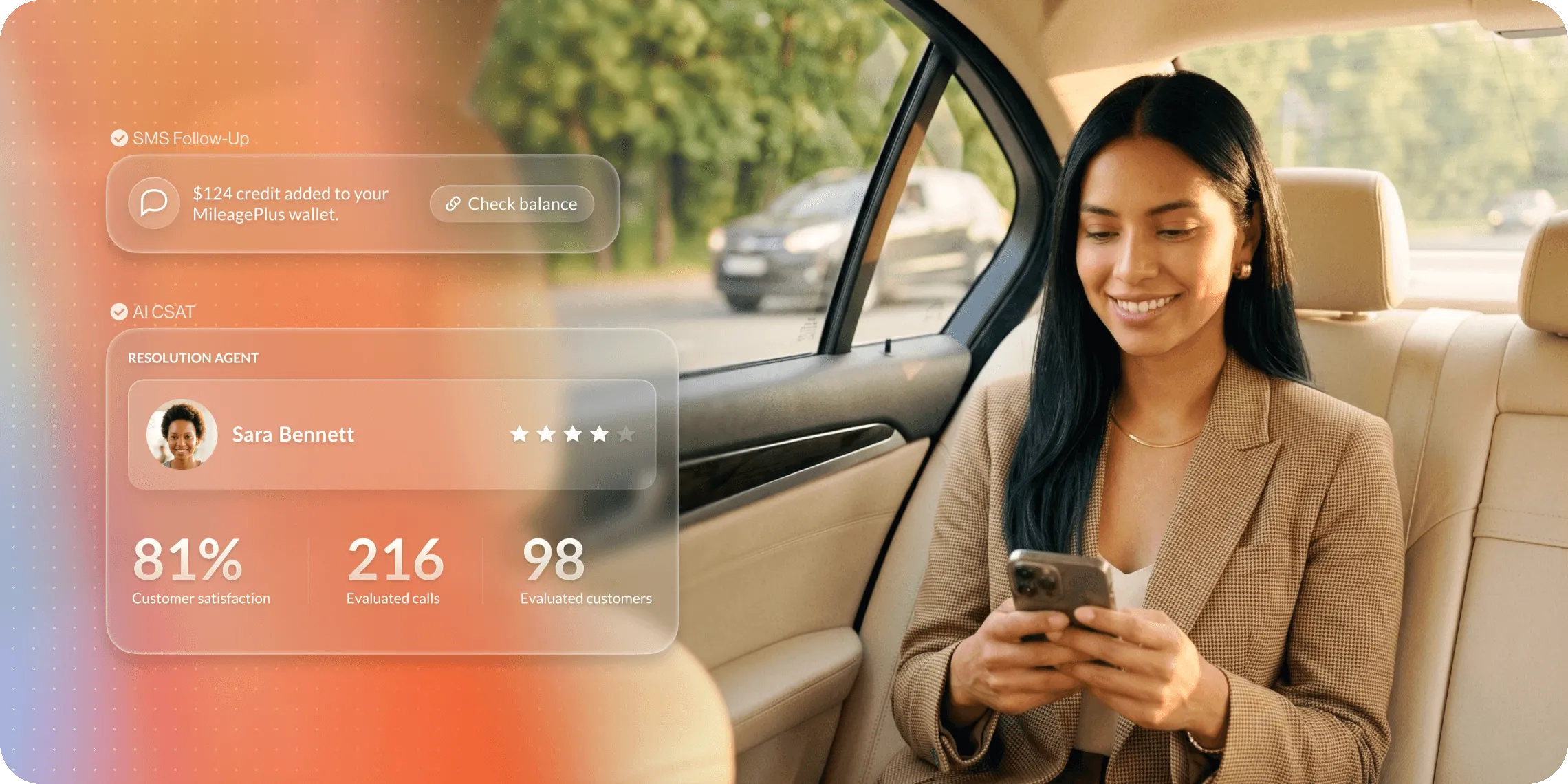 Businesswoman checks phone in a car, with overlay showing AI CSAT stats: 81% customer satisfaction, 216 evaluated calls.