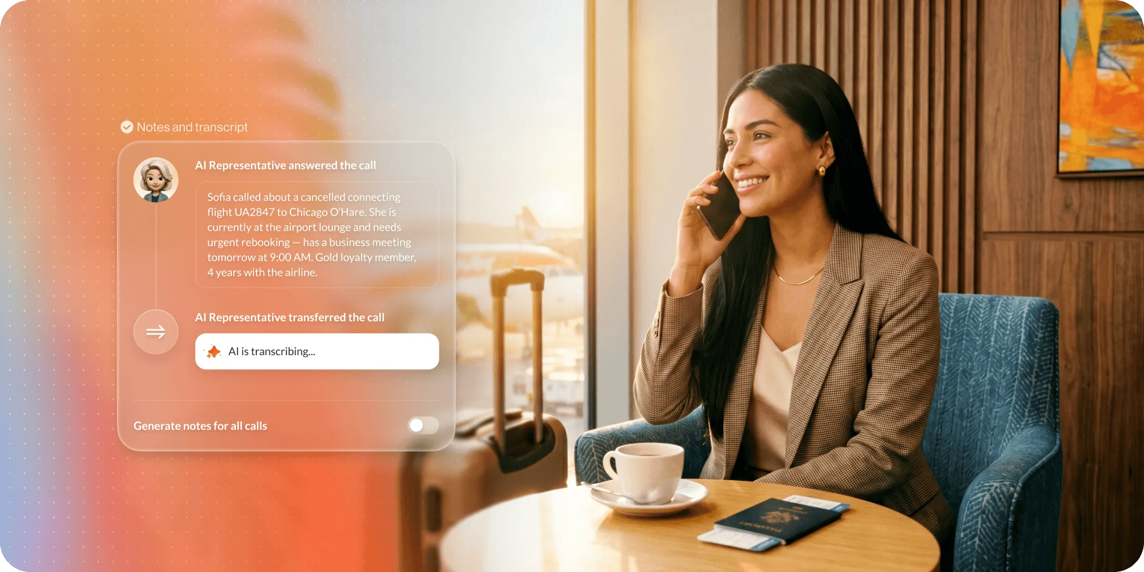 Professional woman at an airport lounge on a phone call, with RingCentral's AI transcription and call notes displayed.