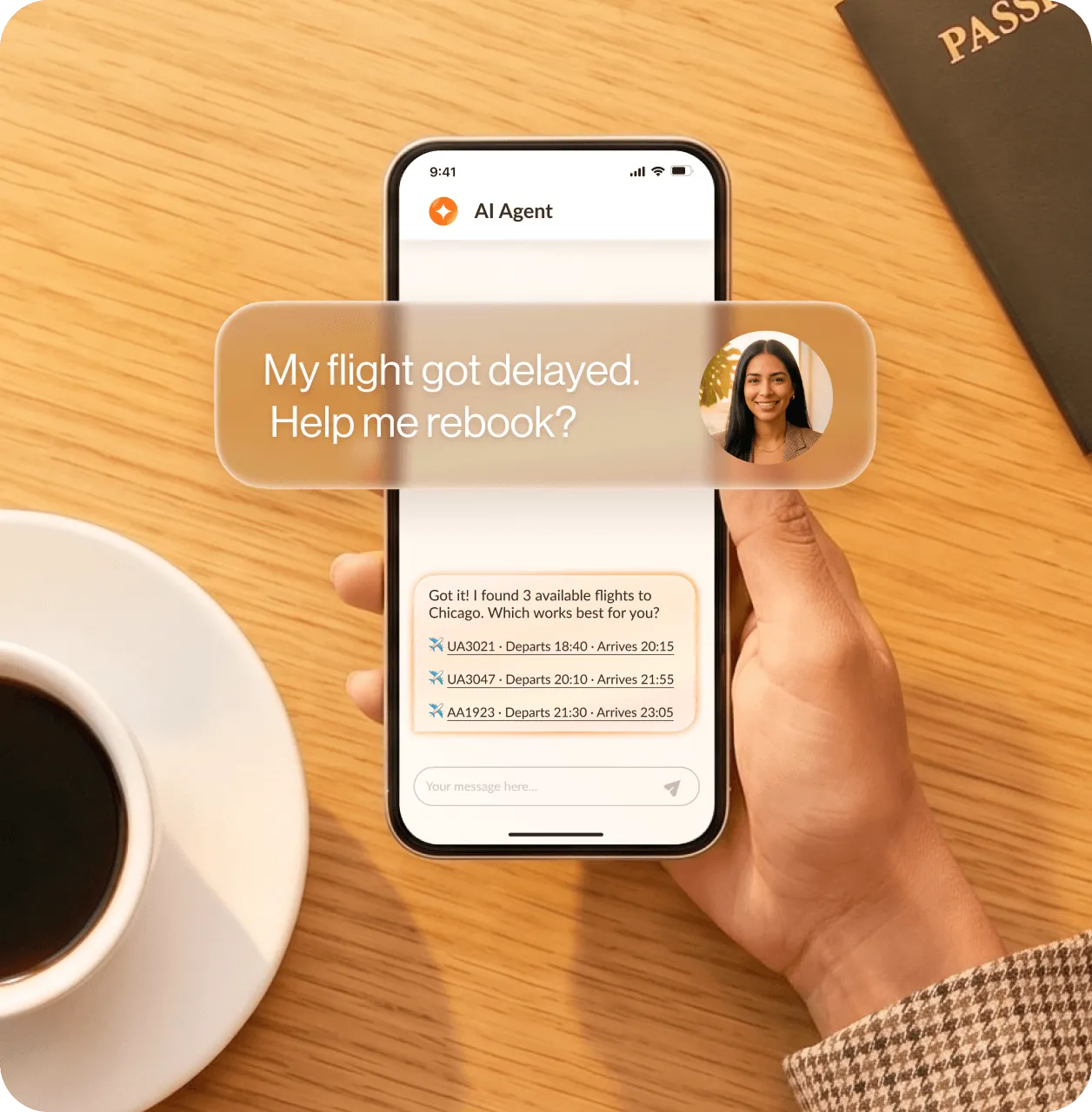 Phone screen displaying a chat with an AI agent offering flight rebooking options after a delay.