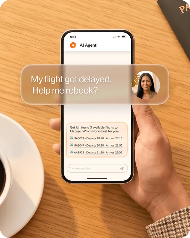 Phone screen displaying a chat with an AI agent offering flight rebooking options after a delay.
