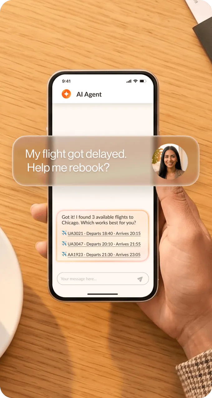 Phone screen displaying a chat with an AI agent offering flight rebooking options after a delay.