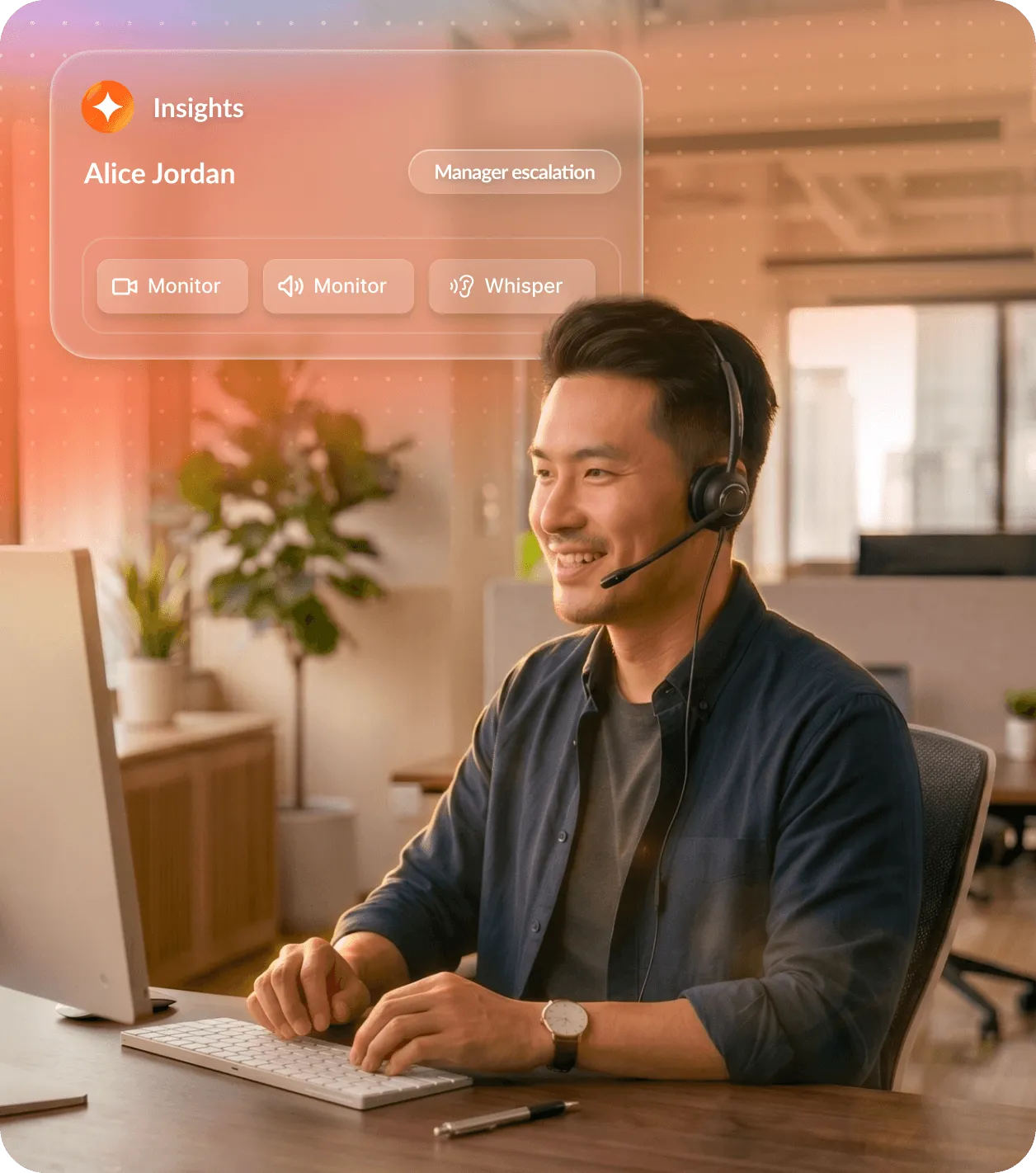 Customer service agent using RingCentral's Insights features on a computer in a modern office environment.