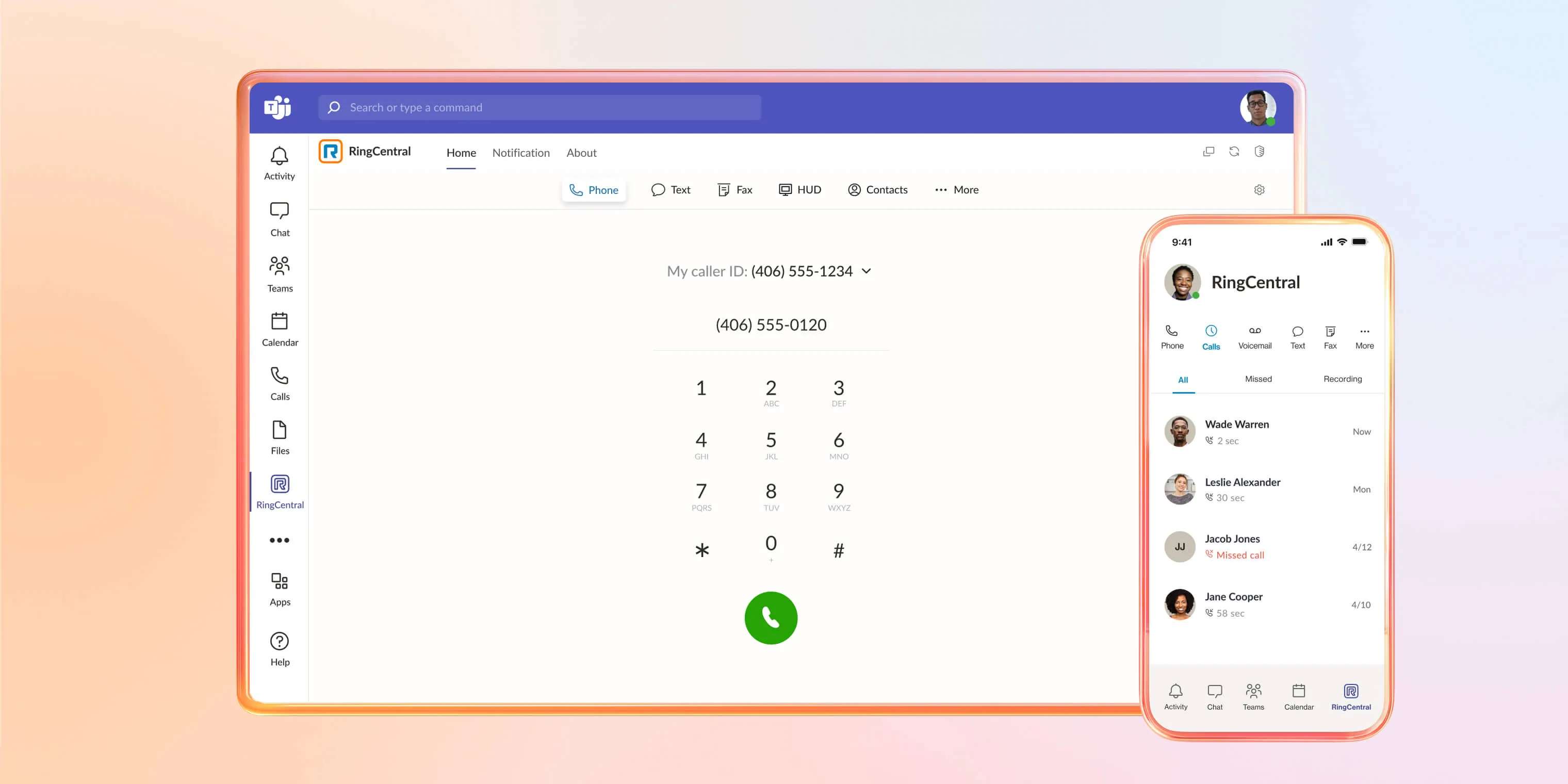 Screenshot of RingCentral interface displaying a phone dialer on desktop and recent calls list on a mobile app.