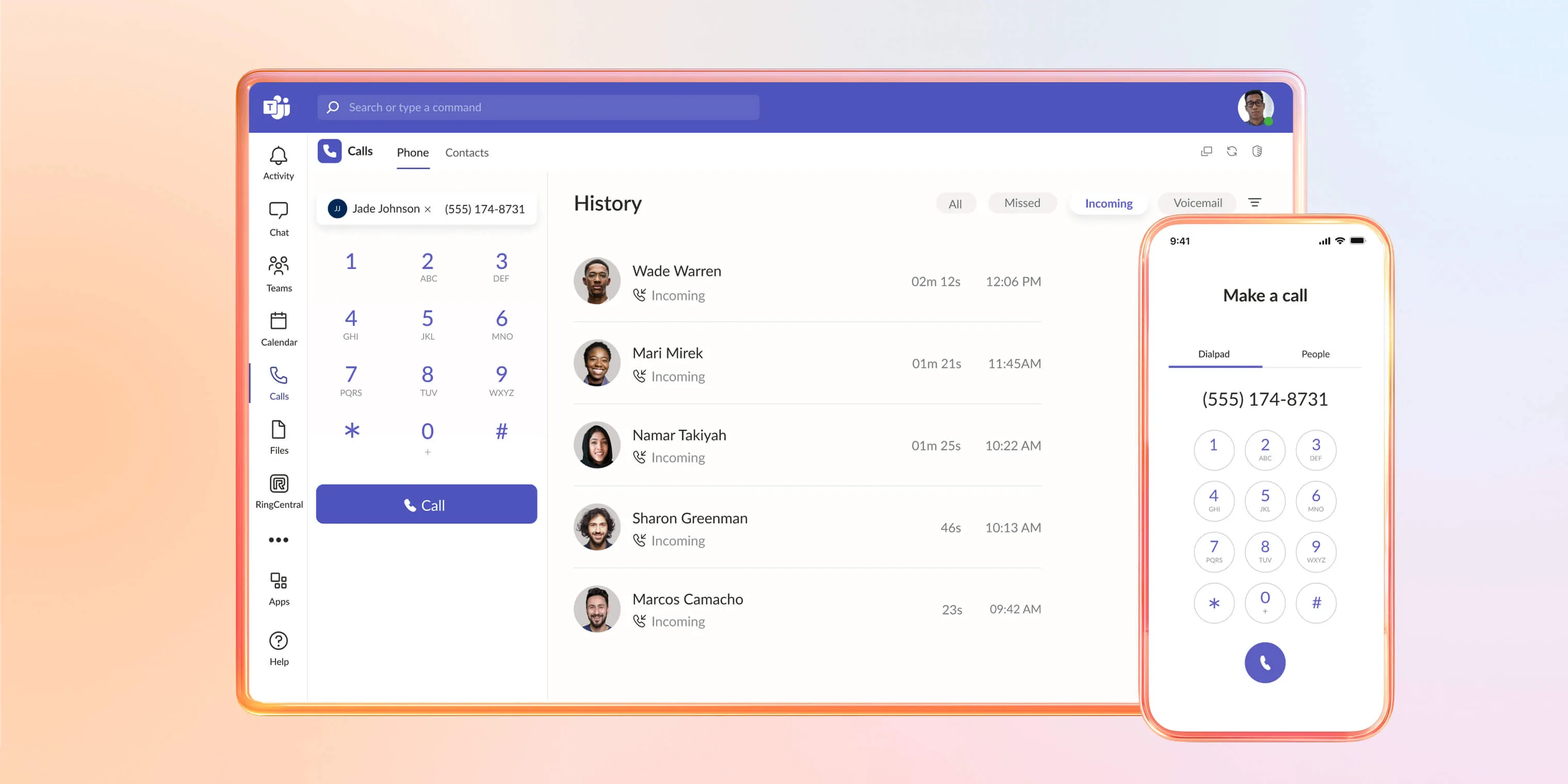 Screenshot of RingCentral app showing call history and dial pad interface for making phone calls.