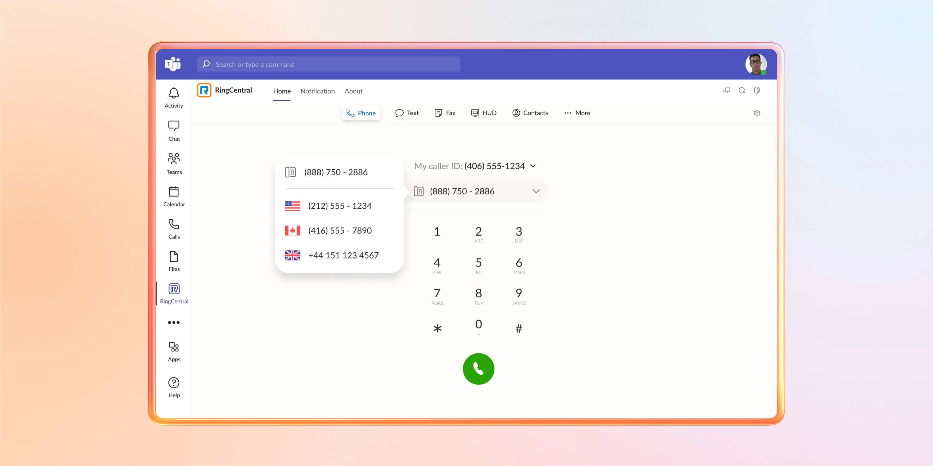 Screenshot of RingCentral phone interface in Microsoft Teams, showing a dial pad and multiple caller ID options for international calls.