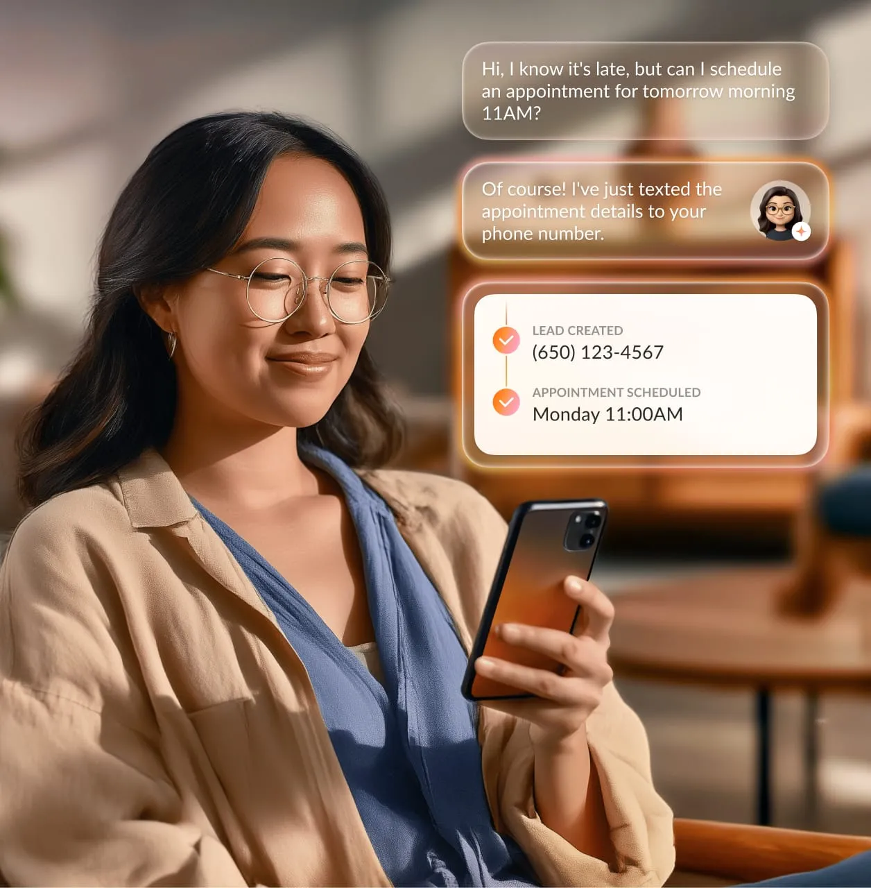 Person smiling while texting on phone, scheduling an appointment for 11AM.