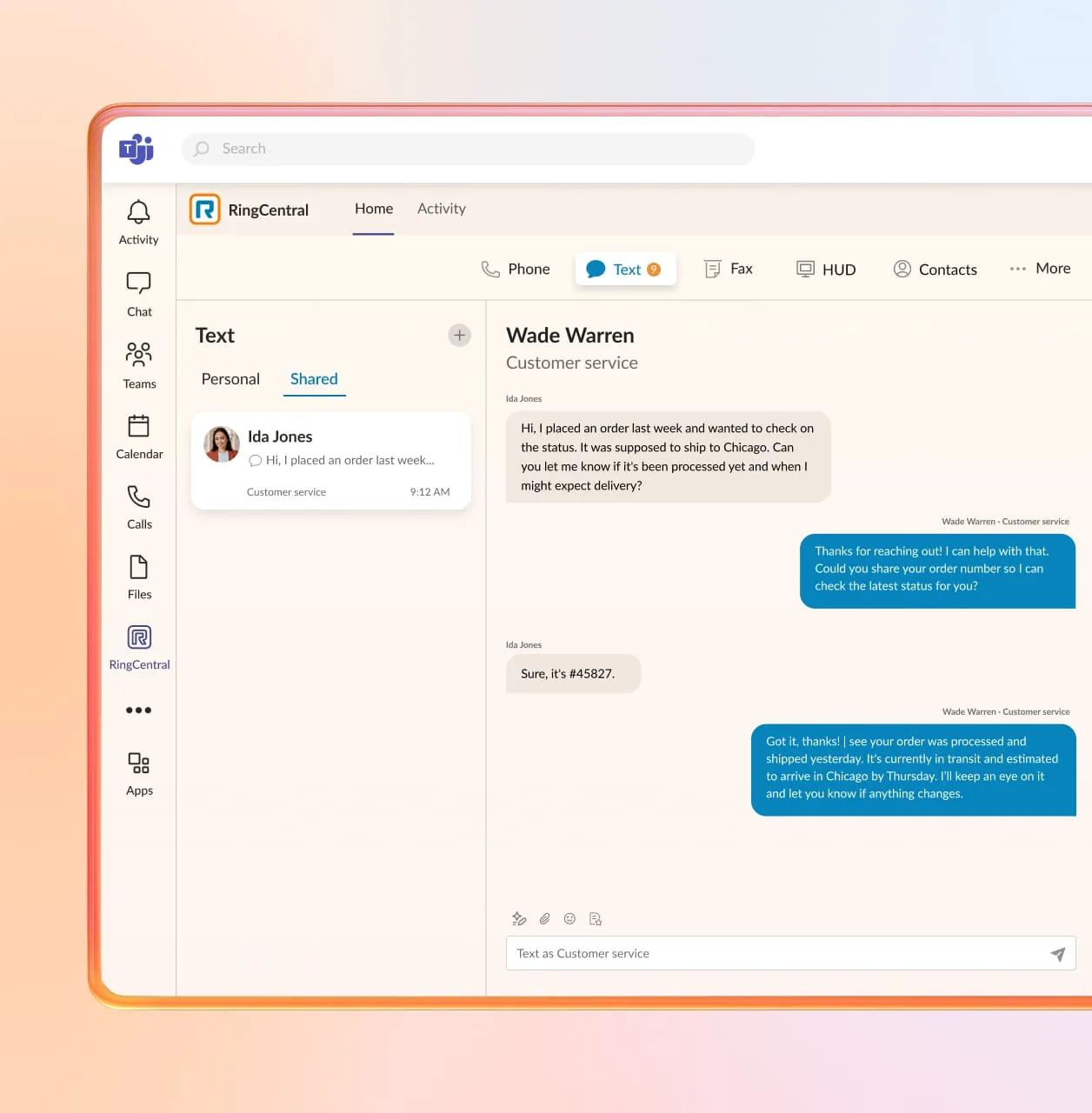 RingCentral text messaging interface showing customer service conversation.