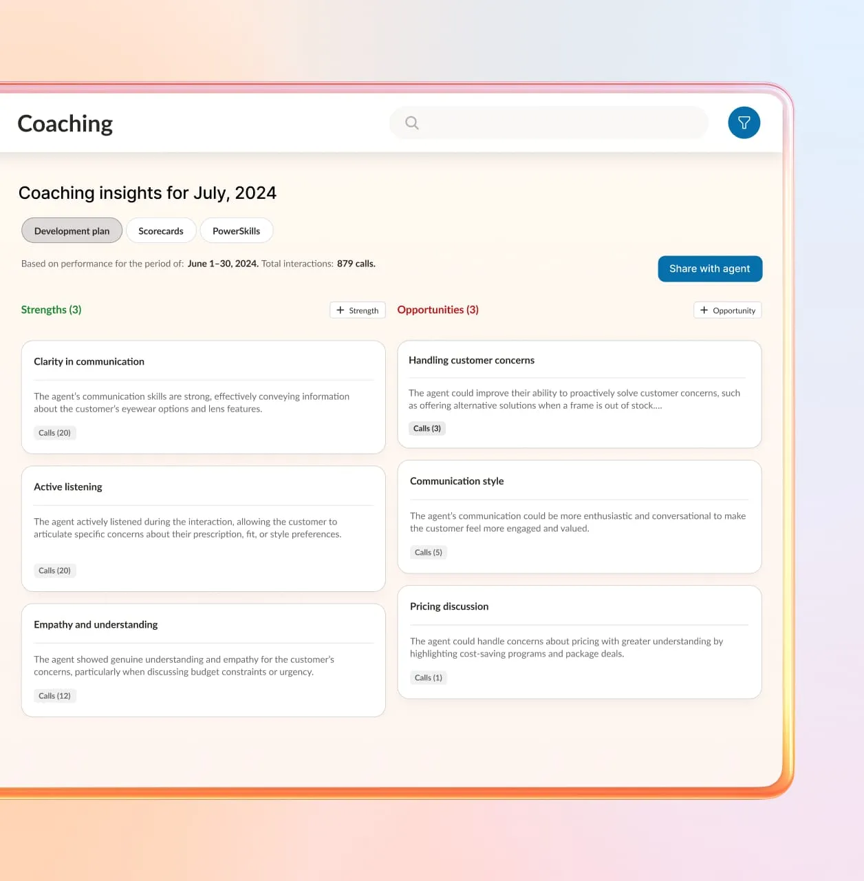 RingCentral web app displaying coaching insights for July 2024.