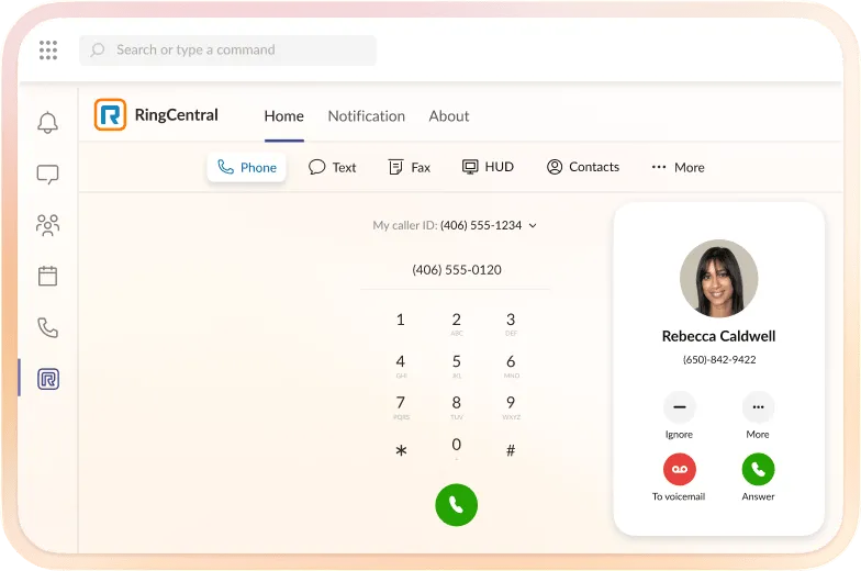 RingCentral phone interface with incoming call options.