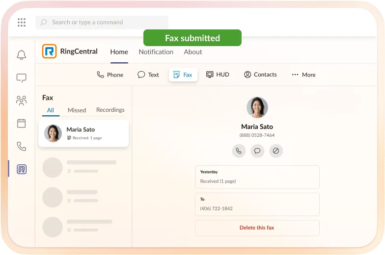 RingCentral fax interface with confirmation message.