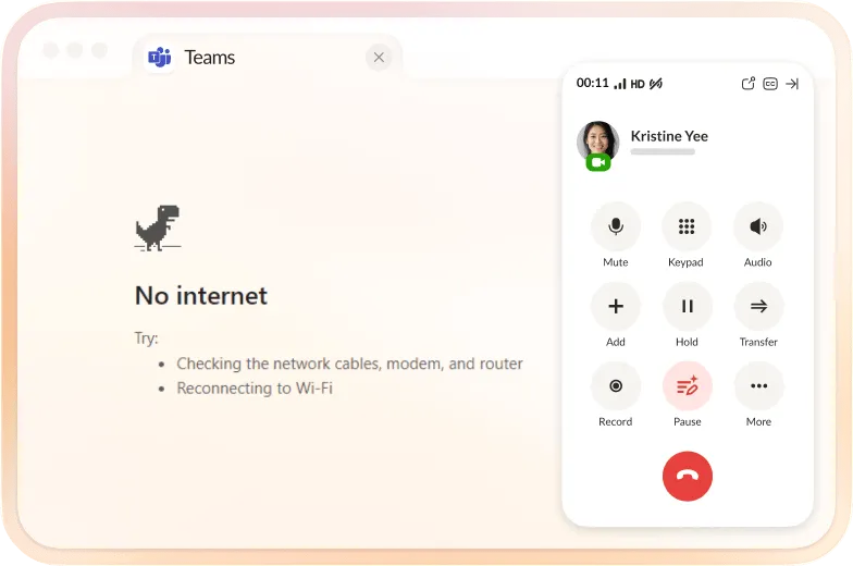 "Teams" browser tab with no internet error, RingCentral call interface overlay.
