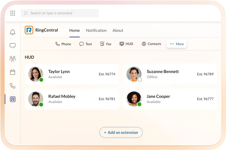 RingCentral phone interface showing user status and extensions.
