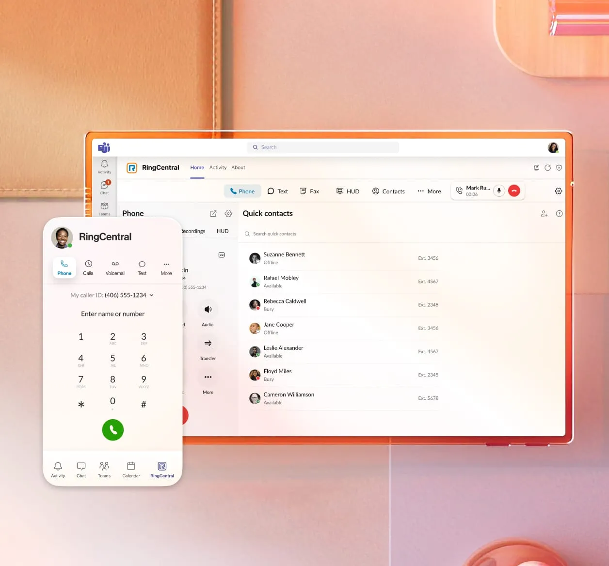 An inlay of the RingCentral dialer on top of the MS Teams desktop interface