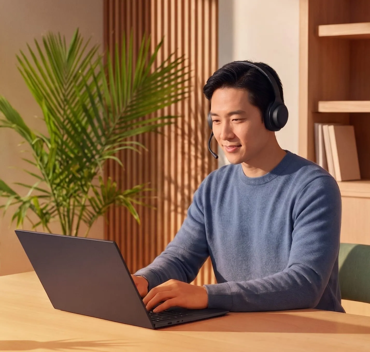 Professional engaged in a video call on a laptop, wearing a headset, in a modern office setting.