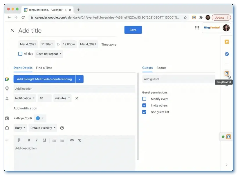 RingCentral integration in Google Calendar for scheduling video meetings