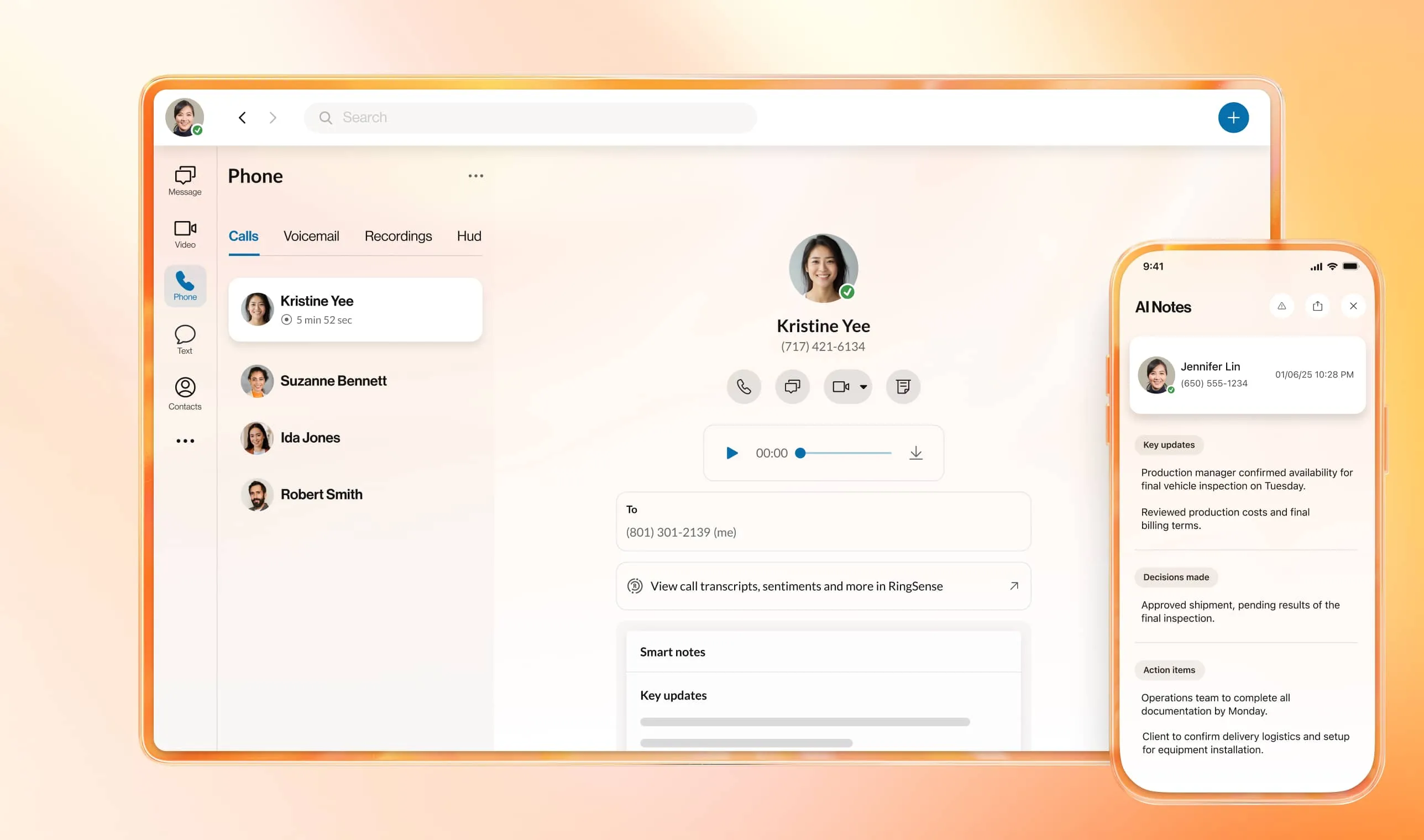 AI Notes feature in the RingCentral app capturing key points from a video meeting on production and operations.