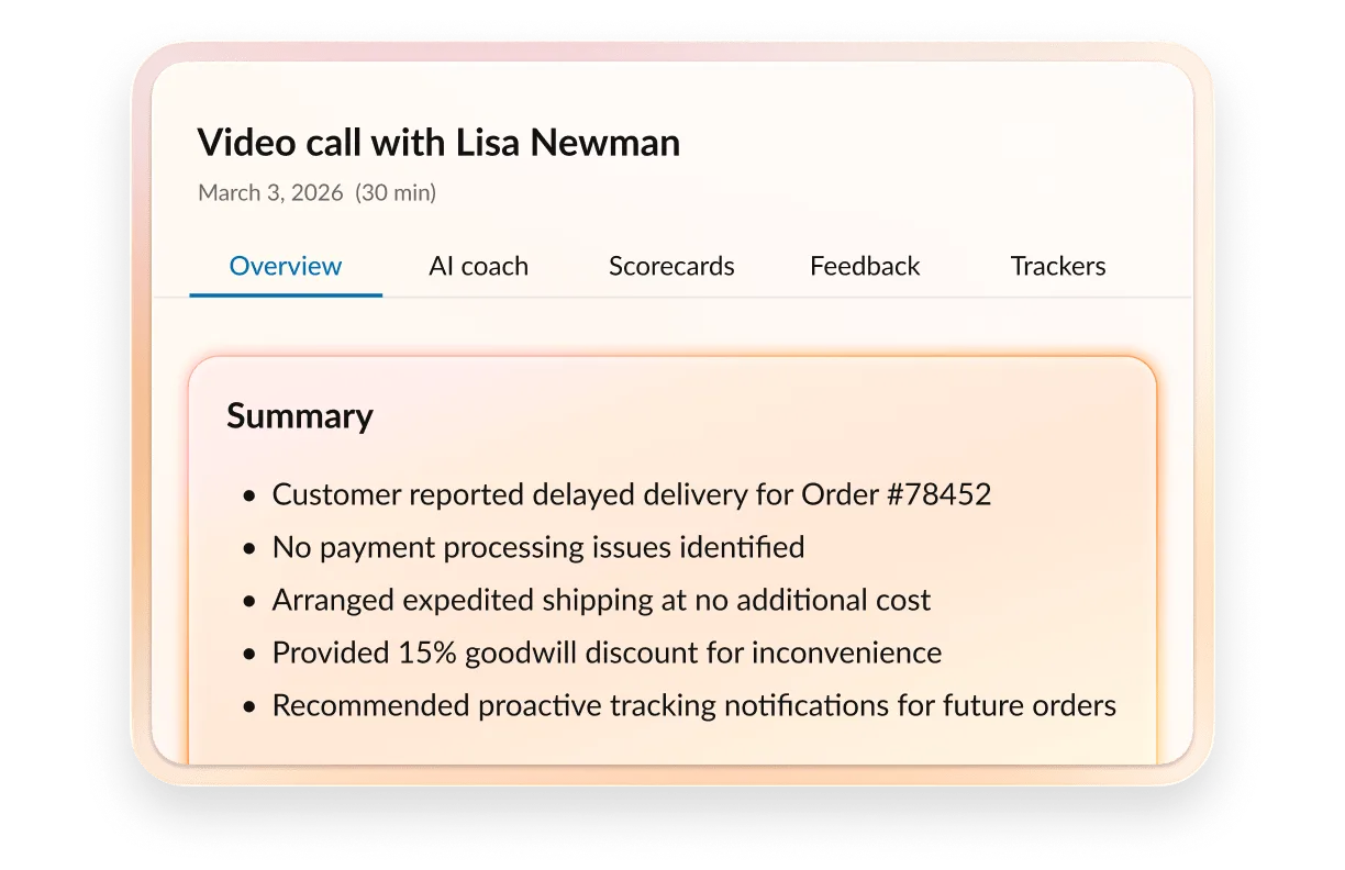 RingCentral video call summary with resolution steps for an order issue.