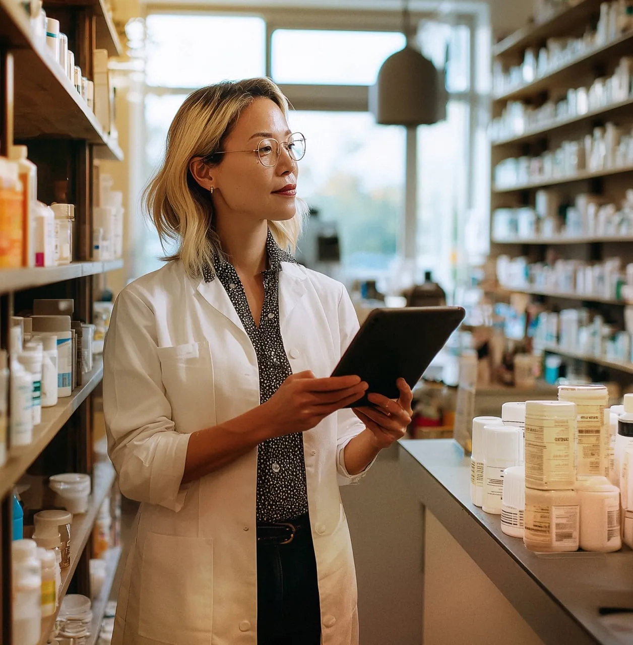 Pharmacist in a lab coat using a tablet in a pharmacy.