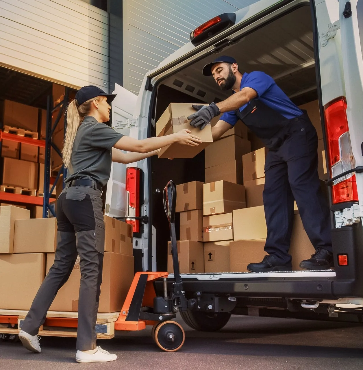 Two workers unloading boxes from a delivery van.