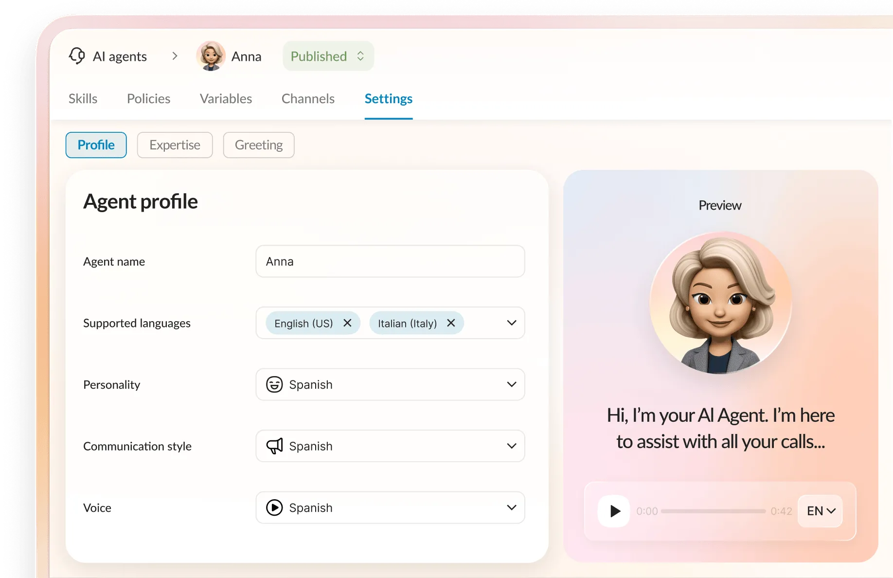 AI-powered call routing interface showing agent profile settings.