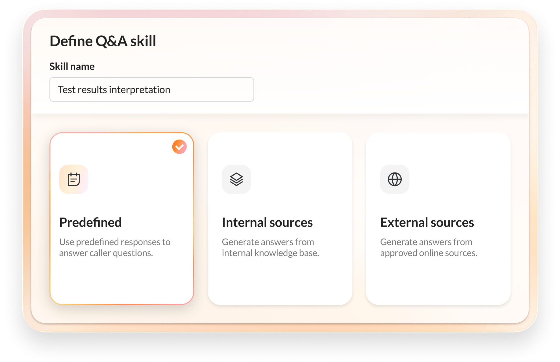 "Define Q&A skill" interface showing options for predefined, internal, and external sources.