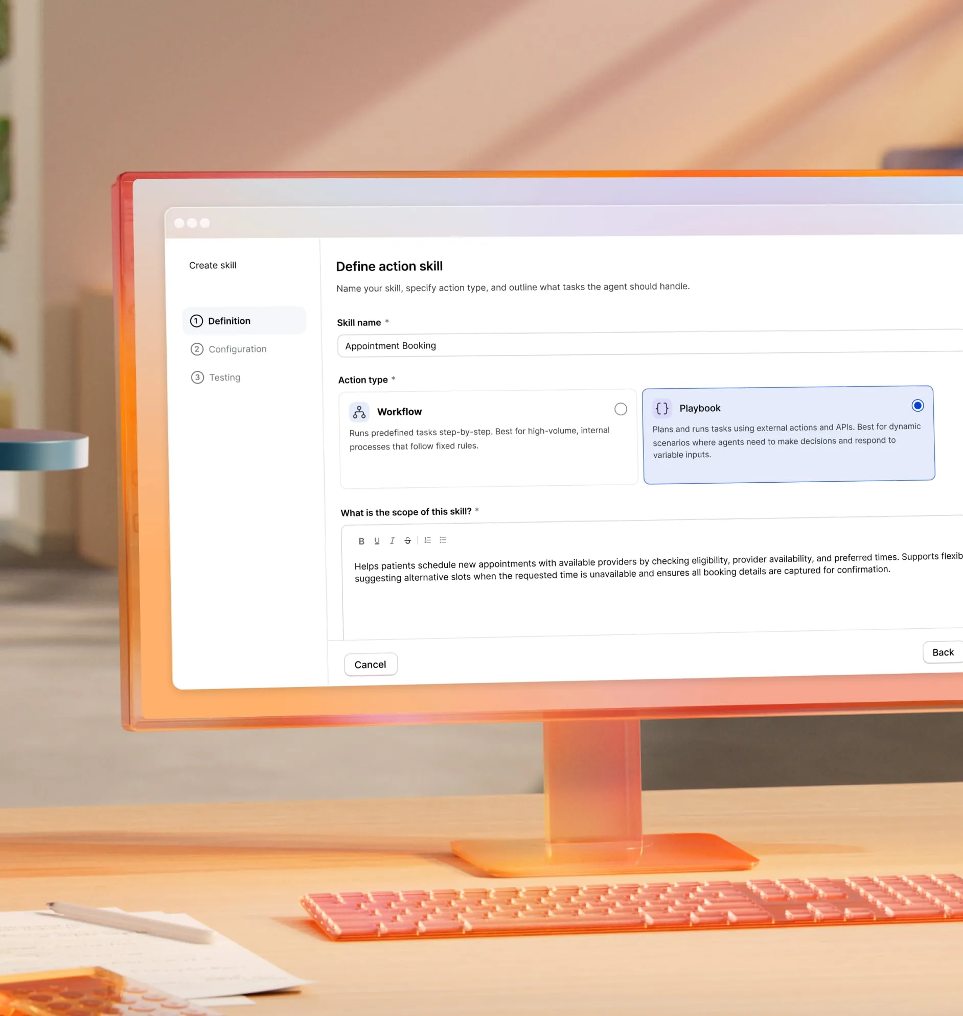 RingCentral interface displaying action skill definition steps on a monitor.