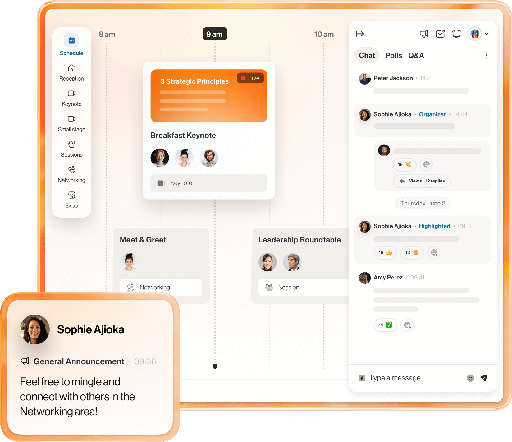 RingCentral Events promotional interface with schedule, networking, expo and chat controls