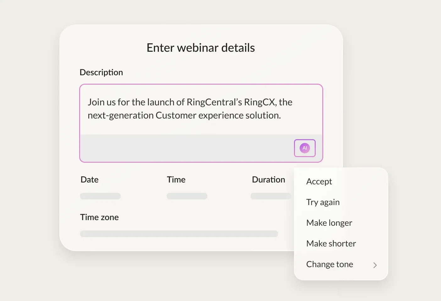 A webinar invitation being generated in the RingCentral Webinar platform