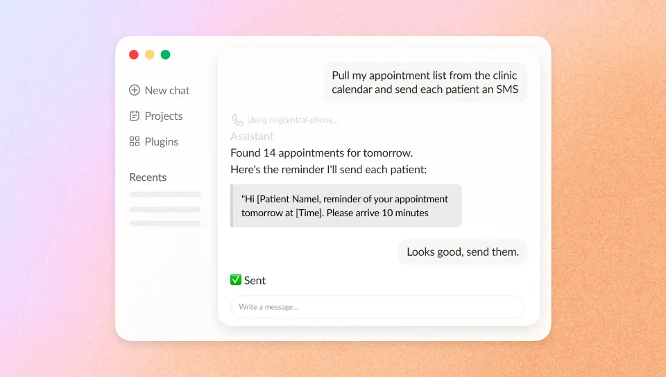 Screenshot of a RingCentral interface showing an assistant sending appointment reminders to patients for a clinic.