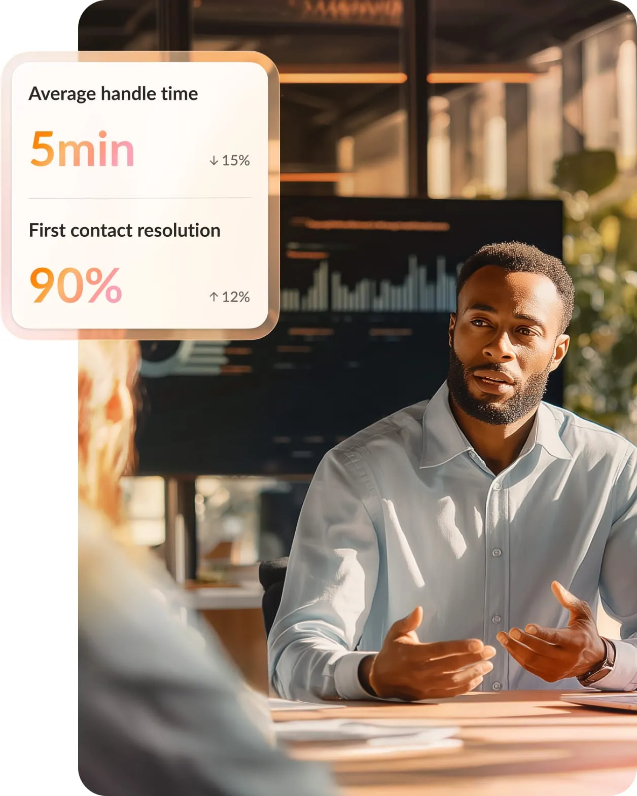 A business professional discussing contact center analytics with an overlay showing a 5-minute average handle time and 90% first contact resolution rate.
