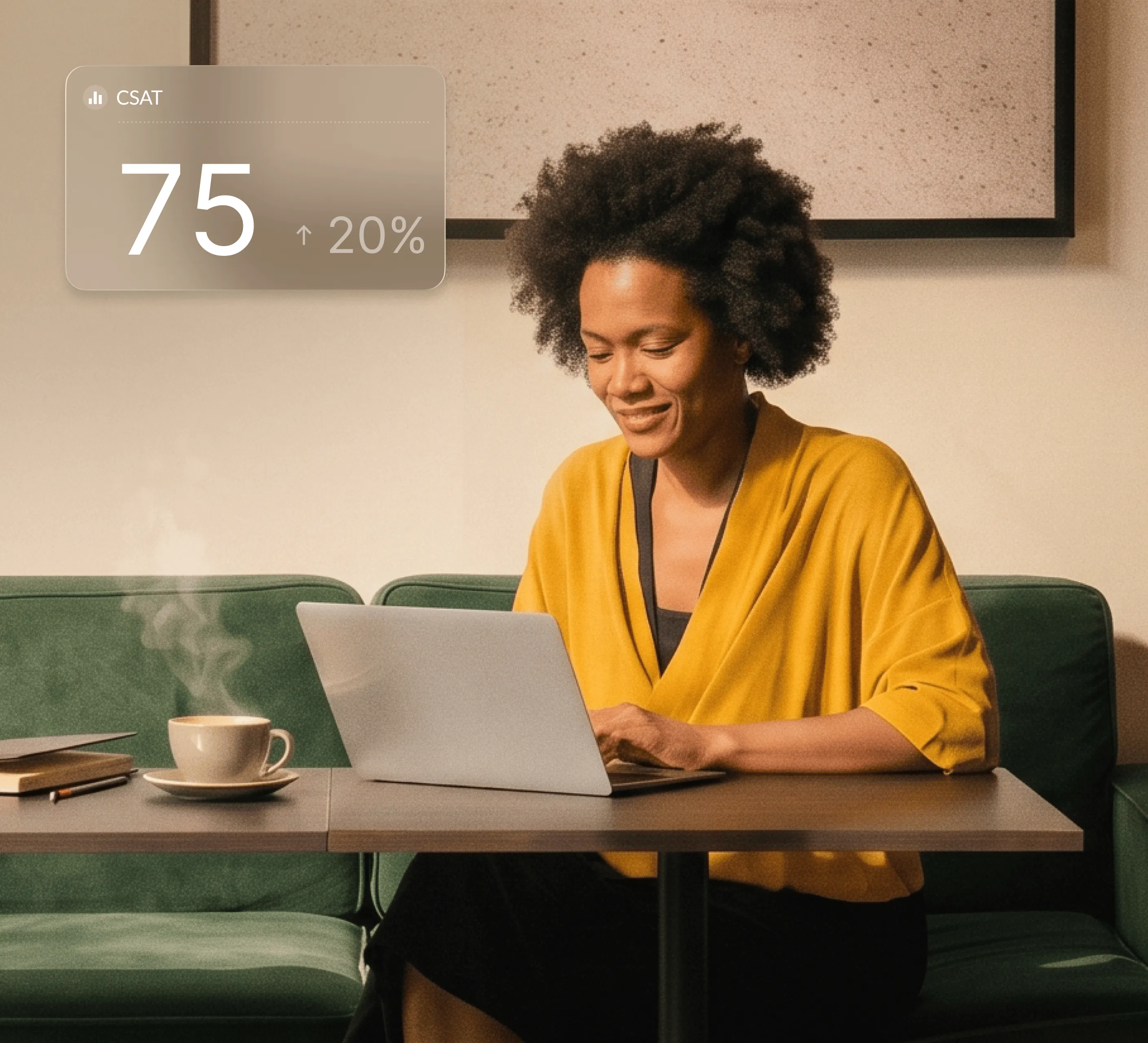 A woman smiling at her laptop in a café, with an overlay card showing a CSAT score of 75, up 20%.