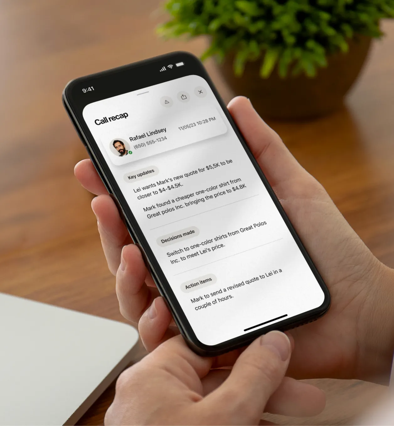 The AI Call recap feature of RingCentral RingEX app displayed on a mobile phone