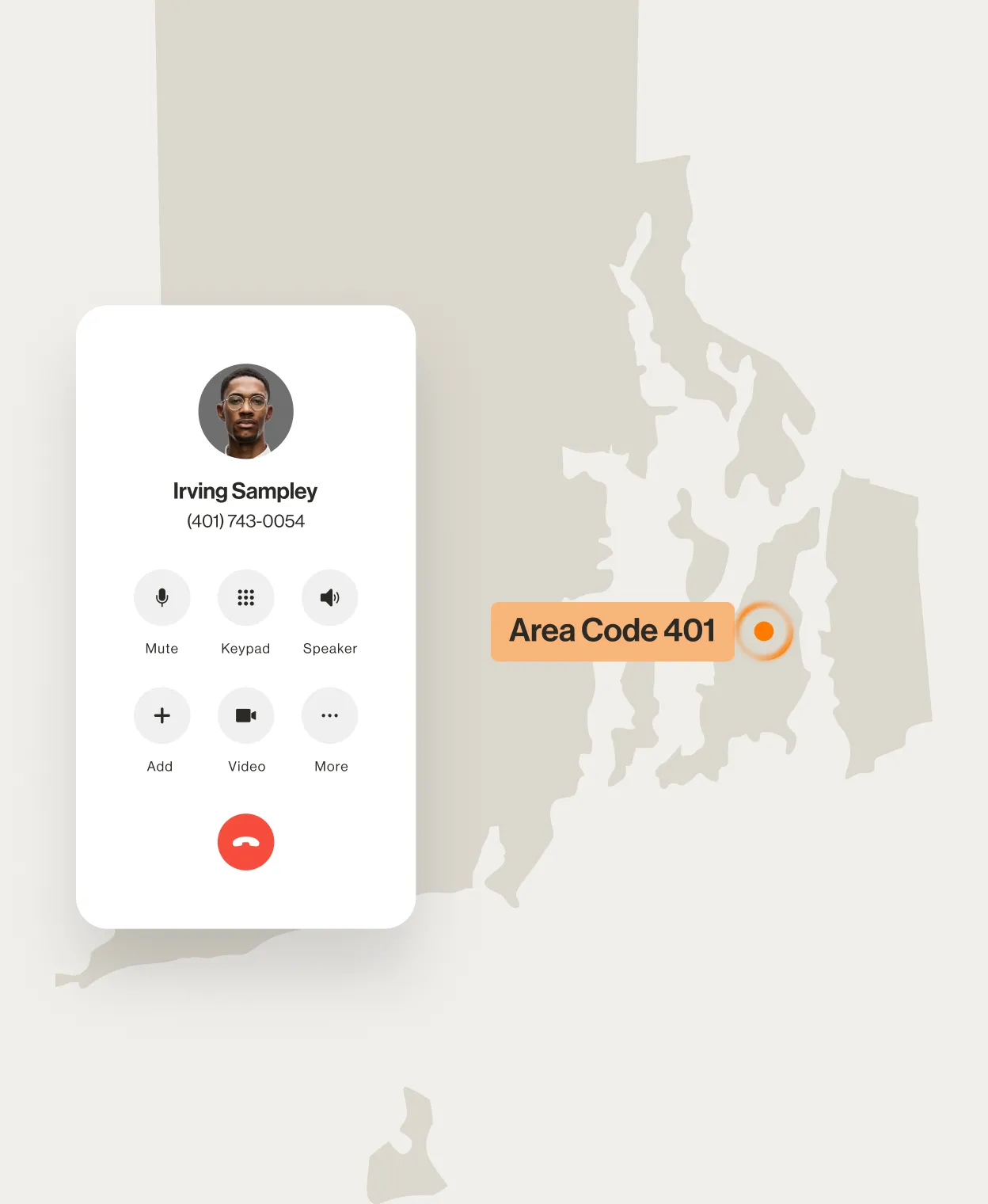 A contact number displayed on a RingCentral dialpad displayed over a map of area code 401
