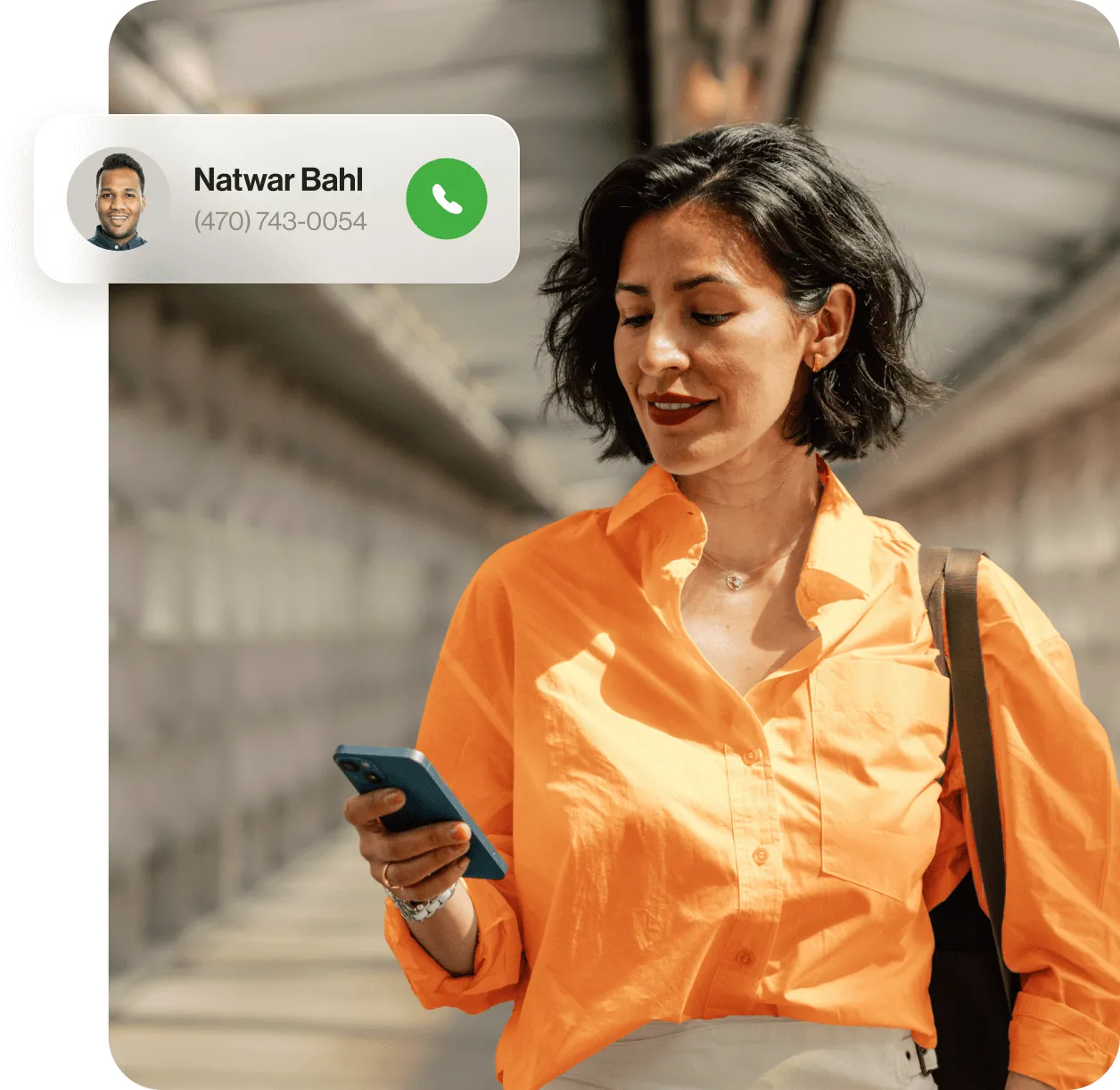 A woman getting an incoming phone call on her RingCentral mobile app