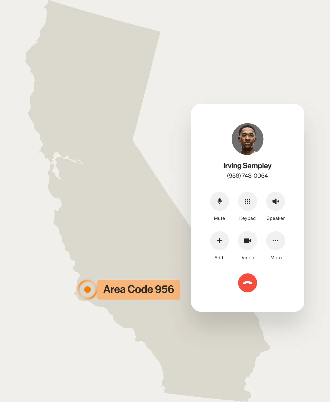 A contact number displayed on a RingCentral dialpad displayed over a map of area code 956
