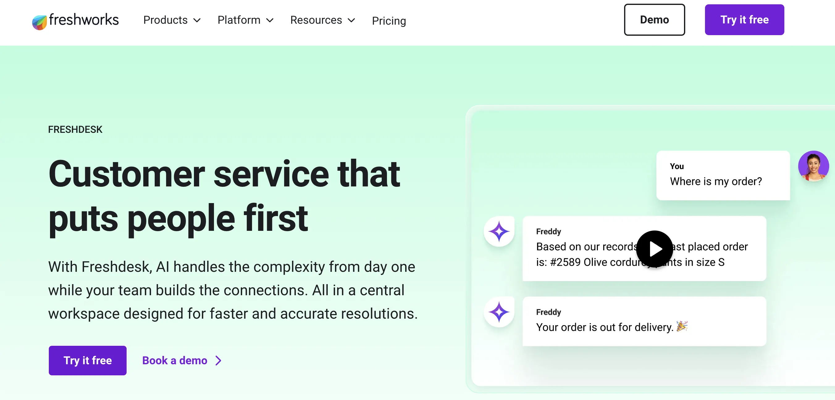 The Freshdesk homepage, showing Freddy AI chatting with a customer