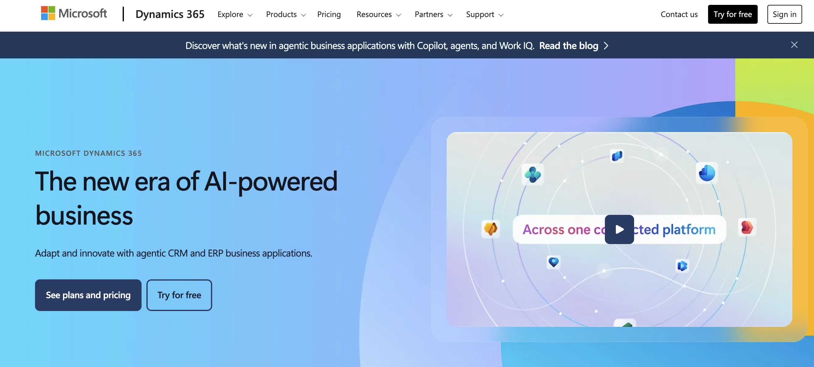 The Microsoft Dynamics 365 homepage, which says “The new era of AI-powered business”