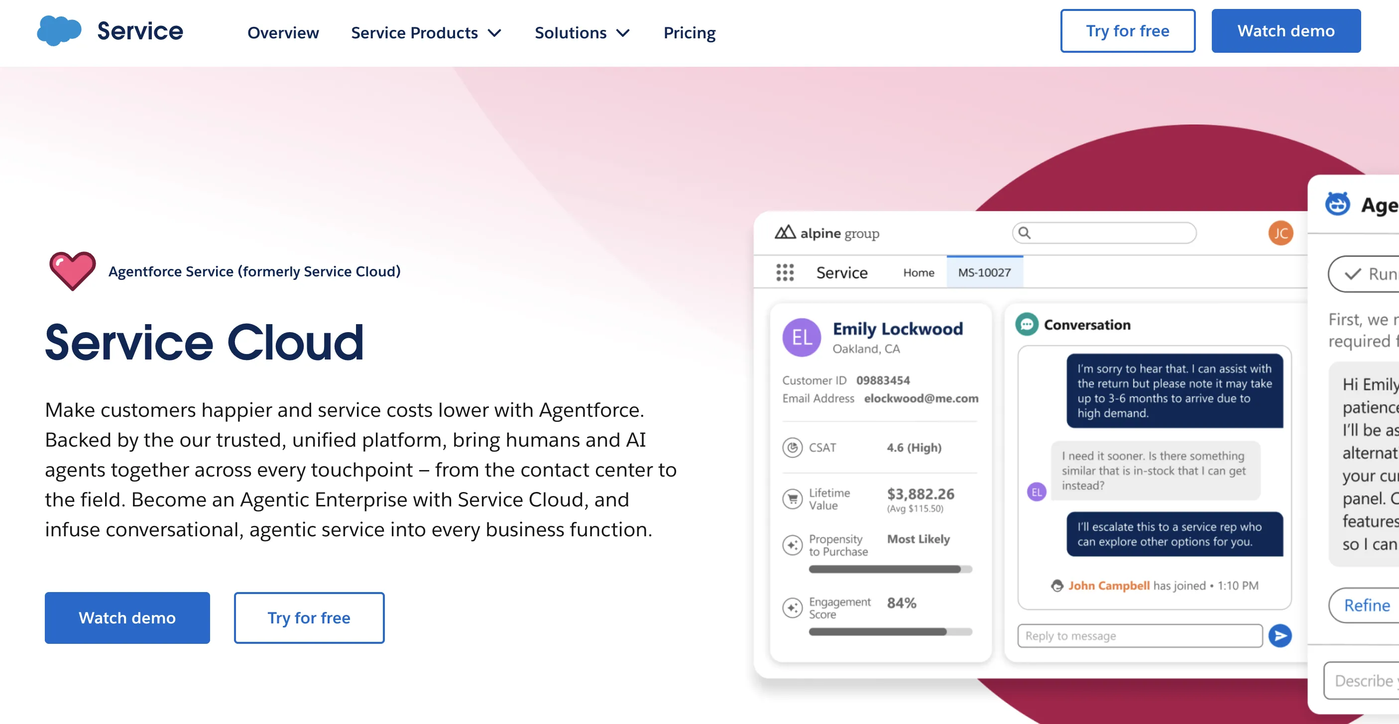 The Salesforce Service Cloud homepage, showing a screenshot of a service ticket and CRM data
