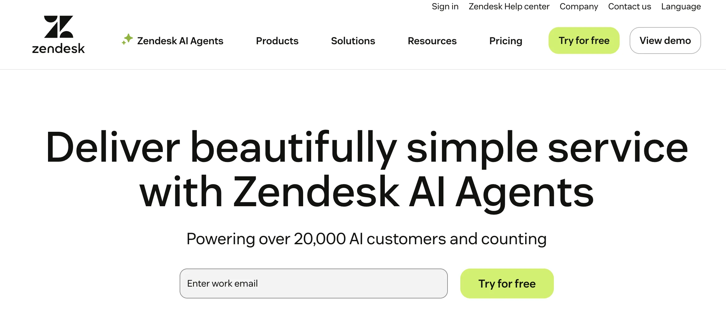 The Zendesk homepage, which says “Deliver beautifully simple service with Zendesk AI Agents”