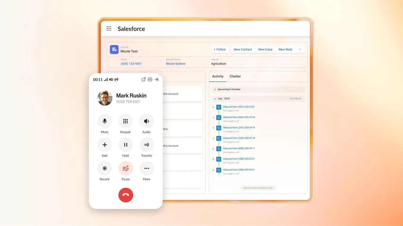Salesforce desktop interface integrated with a mobile-style call window showing an active call
