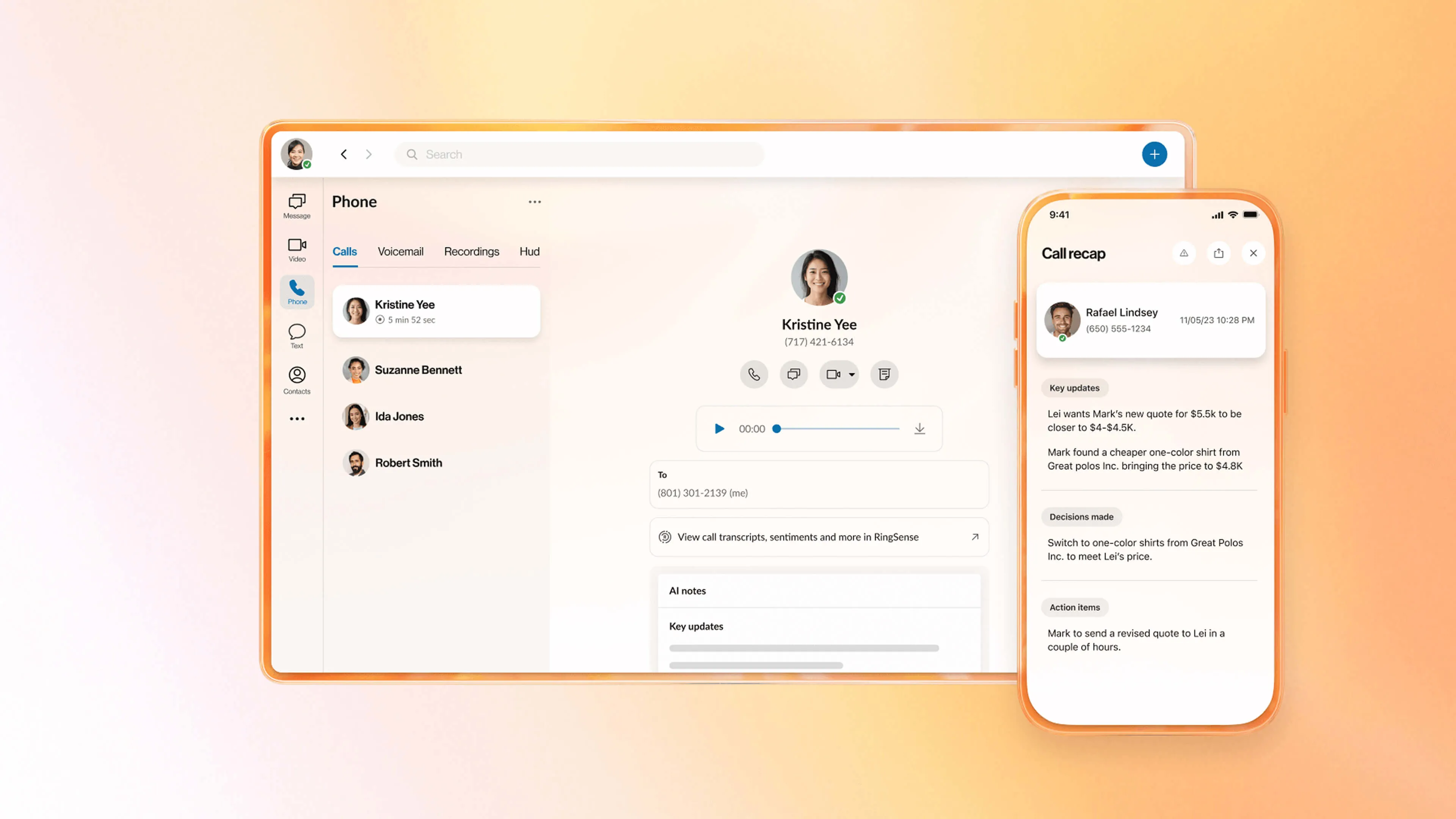 An inset reveals a call recap for Rafael Lindsey with AI-powered updates and key notes on top of the RingCentral Phone app.