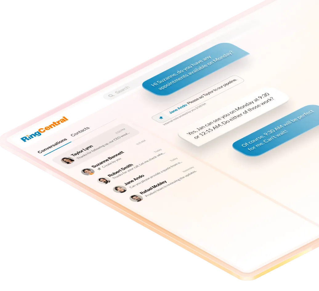 RingCentral app interface showing customer and agent conversation.