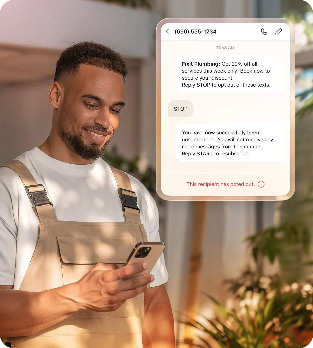 A man in light brown overalls holding his mobile phone featuring SMS thread about opting out of receiving SMS from Fixit Plumbing