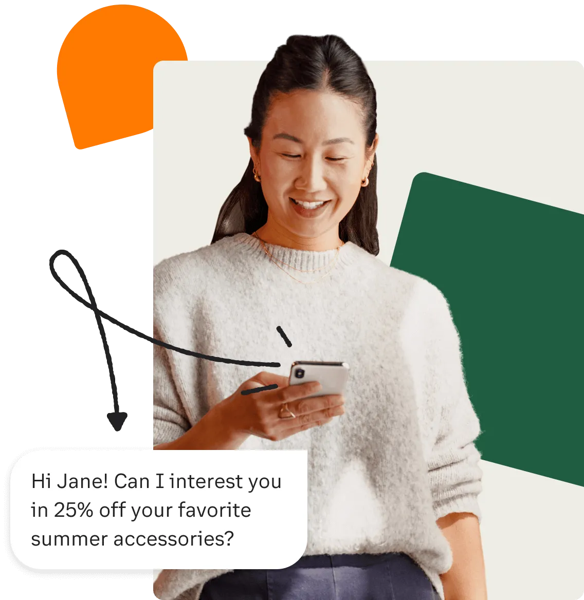 A woman getting a discount offer via SMS