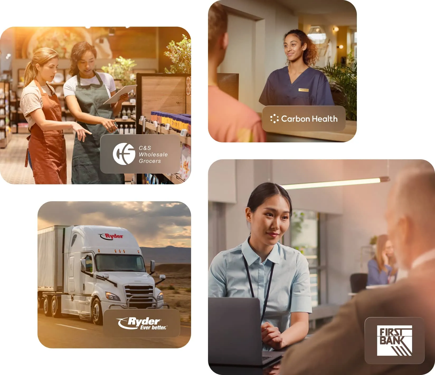 Group of images: A man smiling at his laptop viewing his online investments; A female doctor talking to a patient talking to her male patient; Ryder truck; Female bank teller speaking to client