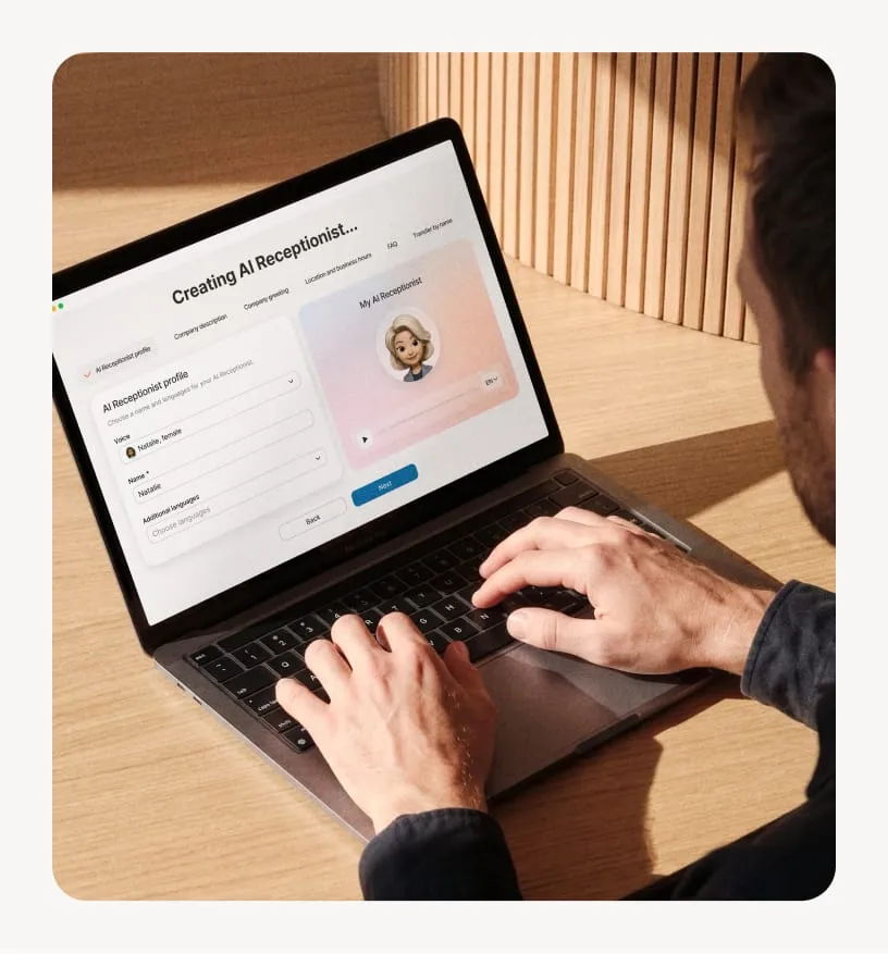 Person using a laptop to create an AI receptionist profile, selecting avatar and personalizing details on the application interface.