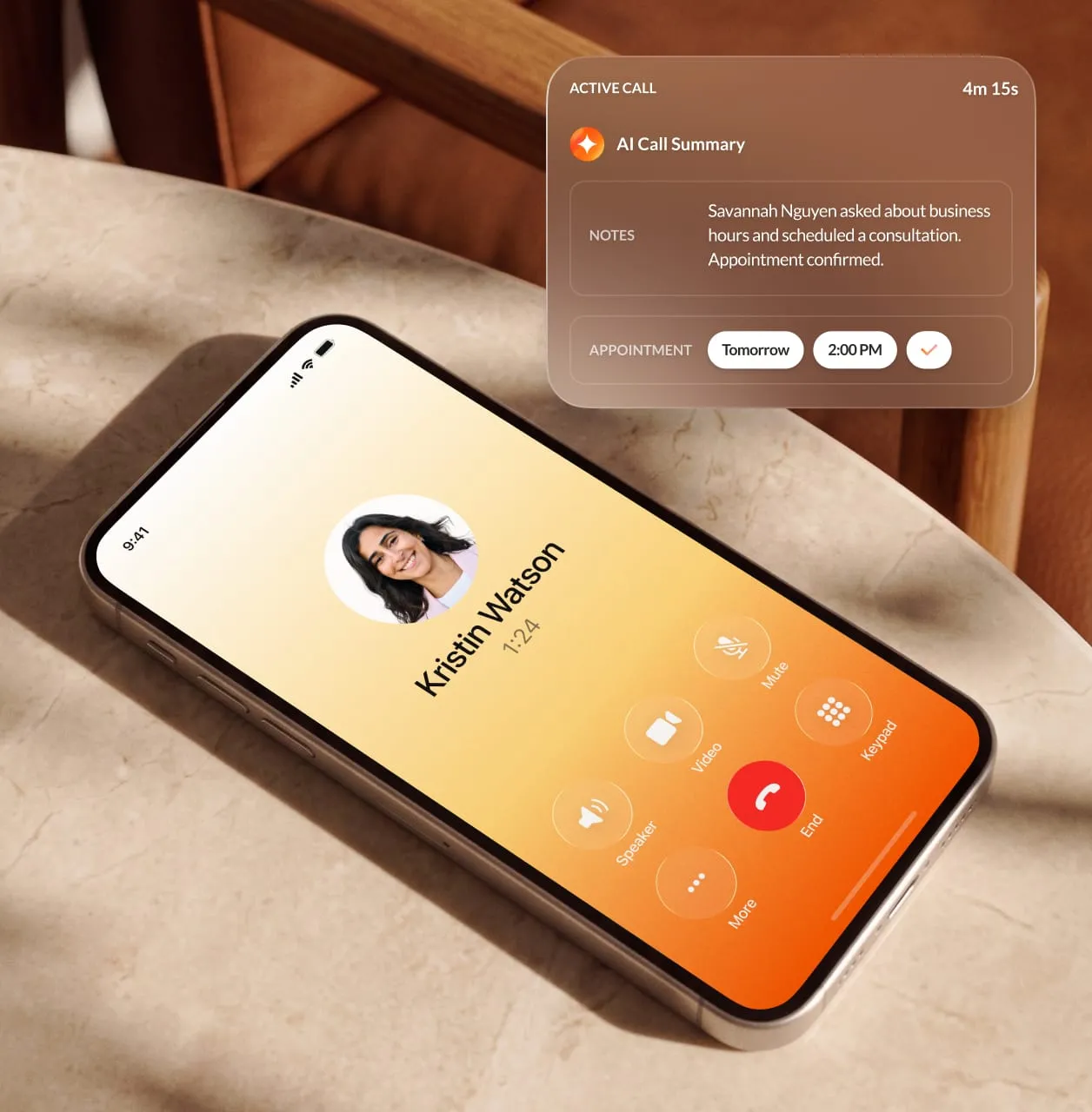 Smartphone displaying an active call interface with AI call summary notes and appointment details.