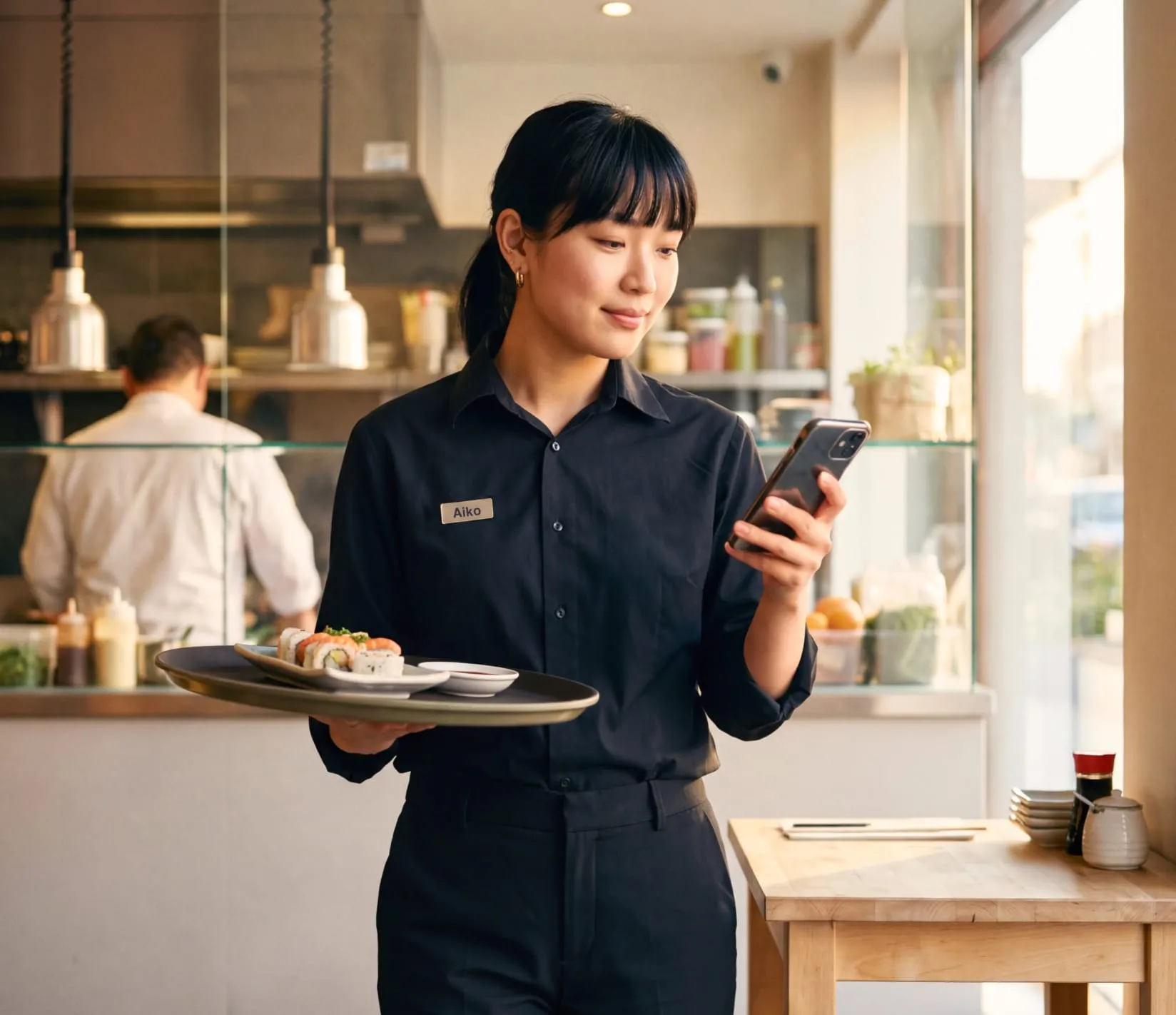 Restaurant employee holding a tray of sushi and using a smartphone in a modern dining setting.